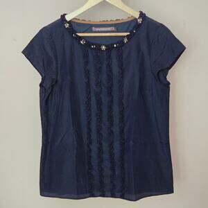 BODEN Limited Edition Blue Silk Cap Sleeve Blouse w/ Embellished Neckline Size 8